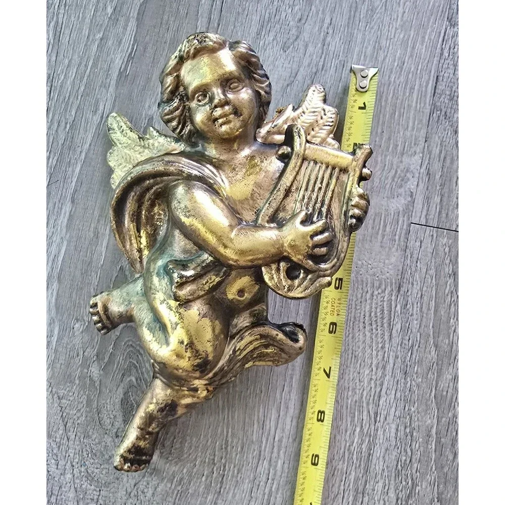 Christmas Ornament Gold Angel Blow Mold Cherub Musician 9 Inches Long